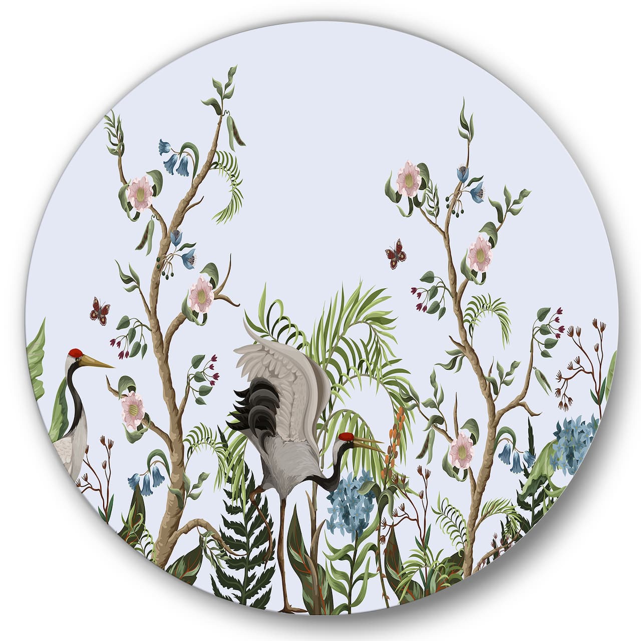 Designart - Border With Cranes & Peonies In Chinoiserie Style - Traditional Metal Circle Wall Art